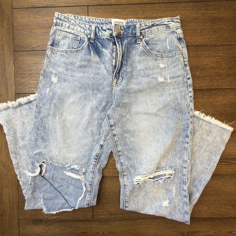 Insane Gene Los Angeles Light Wash Distressed Raw Hem Straight Leg Jeans 11/29